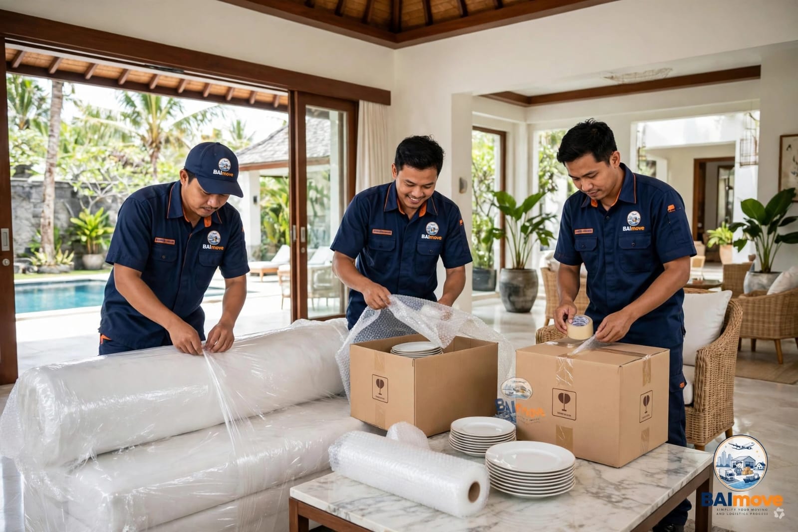 Tim BAImove mengemas sofa dan piring di ruang tamu vila